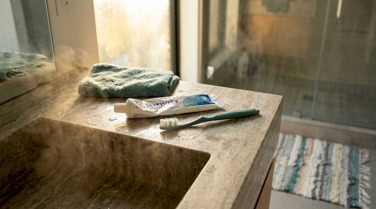 Close-up sensitivity toothpaste tube by sink