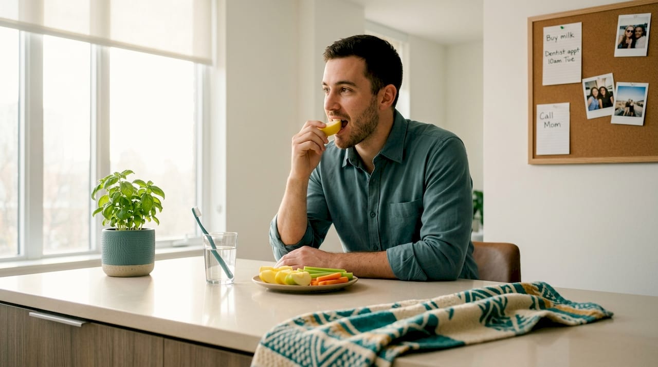 Man eating crunchy fruits for whitening