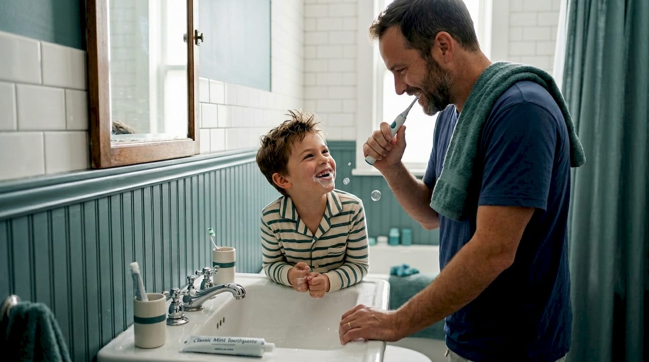 Child and parent use different toothbrush types