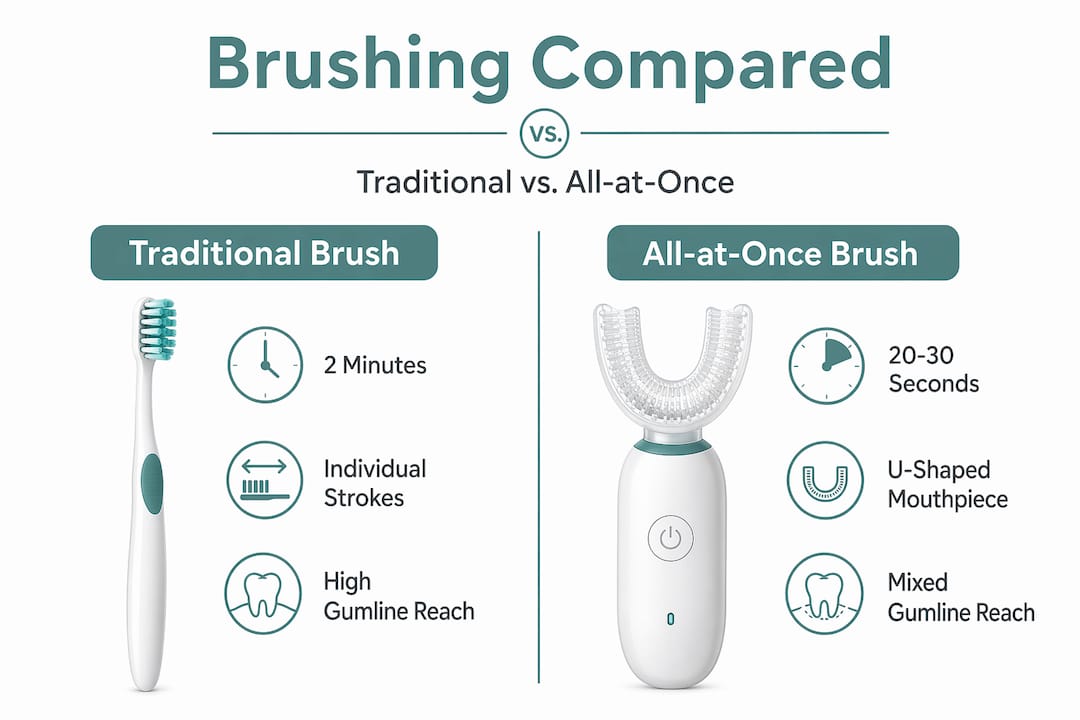 Infographic comparing traditional and all-at-once toothbrushes