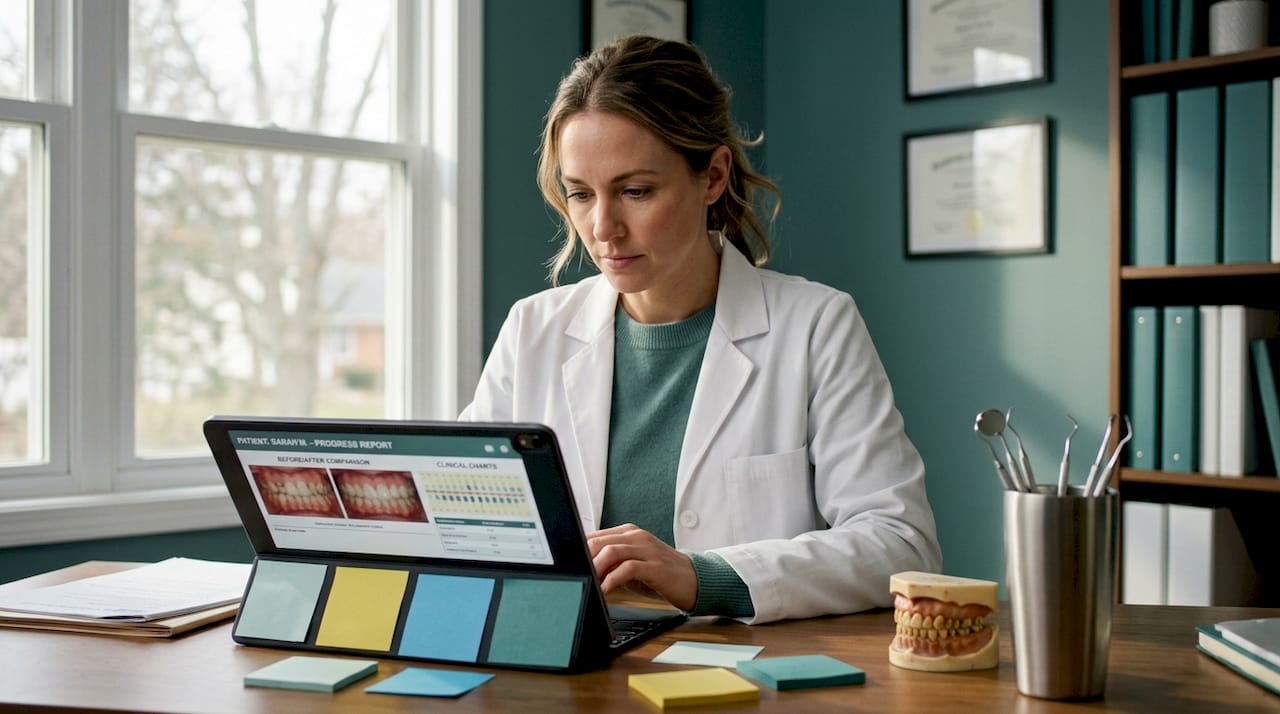 Dental hygienist reviewing teeth cleaning results