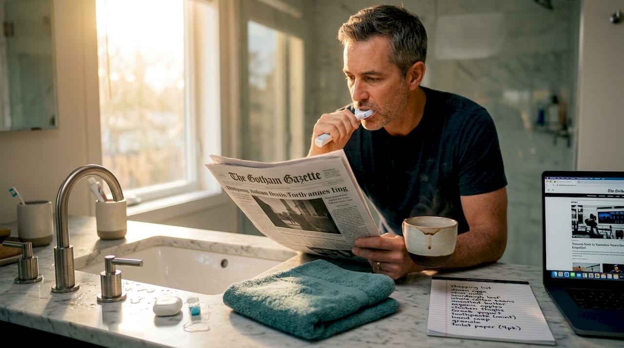 Man uses mouthpiece toothbrush while reading