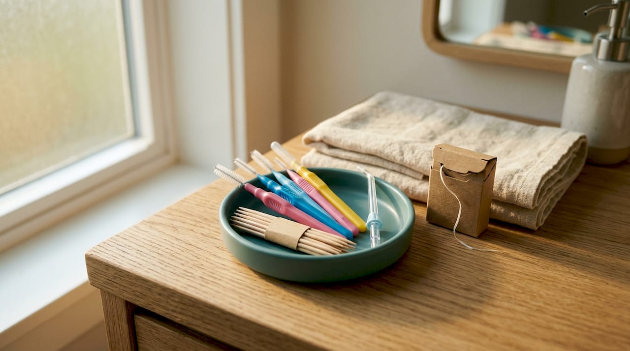 Close-up of interdental cleaning tools on counter