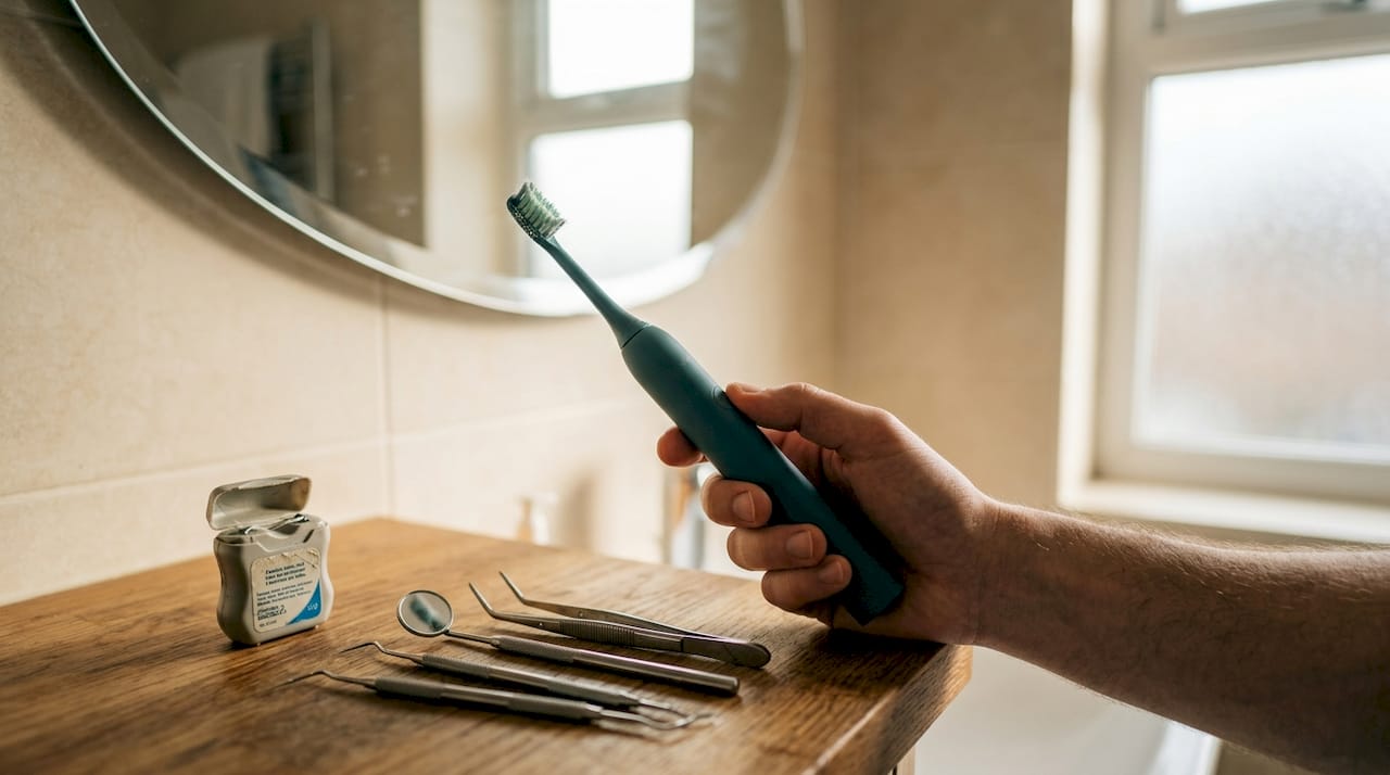 Dental care tools and electric toothbrush close-up