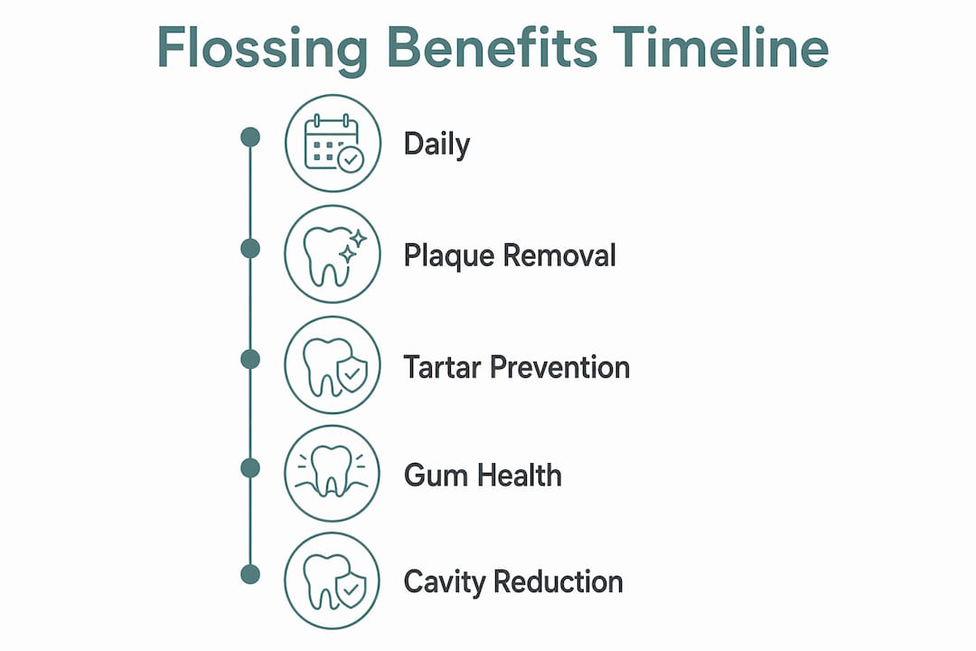 Infographic showing timeline of flossing benefits
