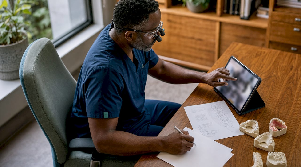 Dentist reviewing dental X-ray at desk
