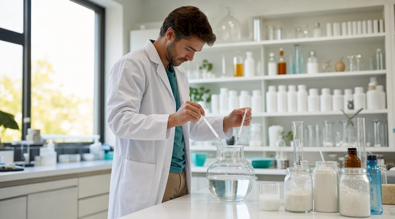 Hands mixing fluoride compounds in dental lab