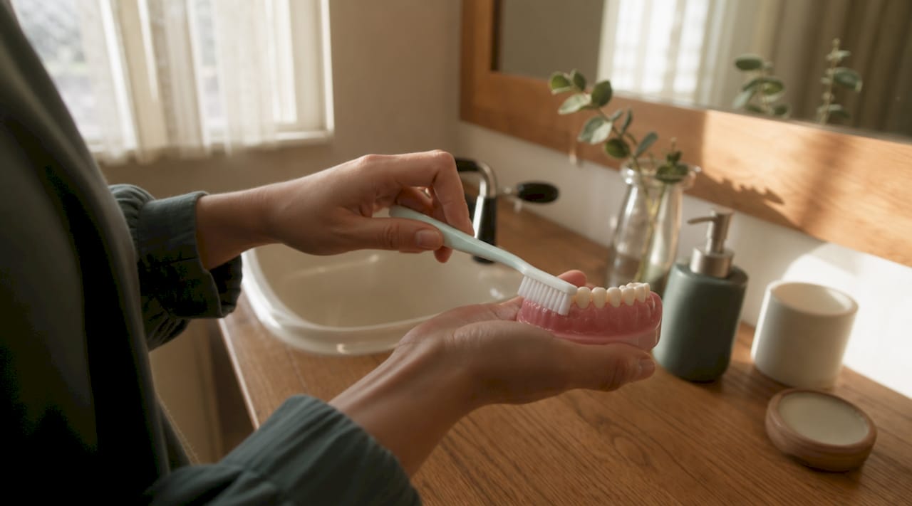 Close-up hands demonstrating brushing technique