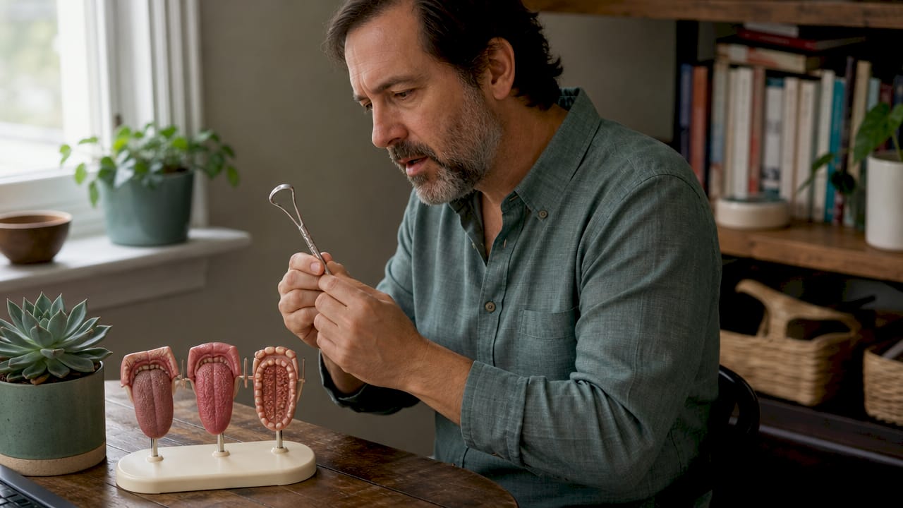 Man consulting dental hygienist about tongue cleaning tools