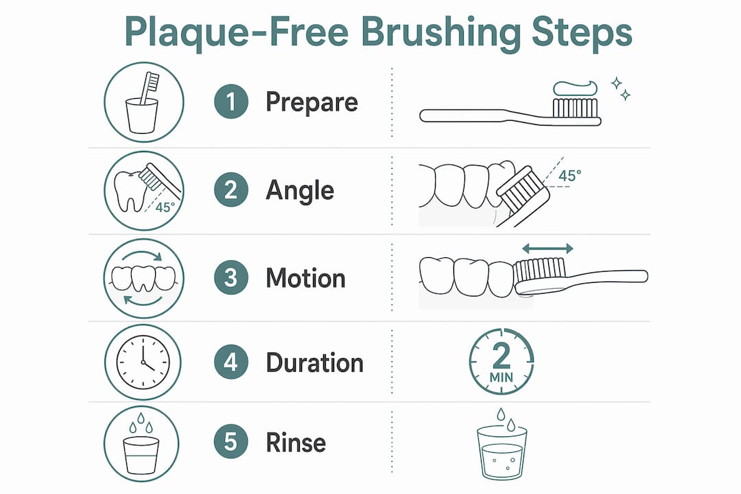 Infographic showing plaque-free brushing step-by-step