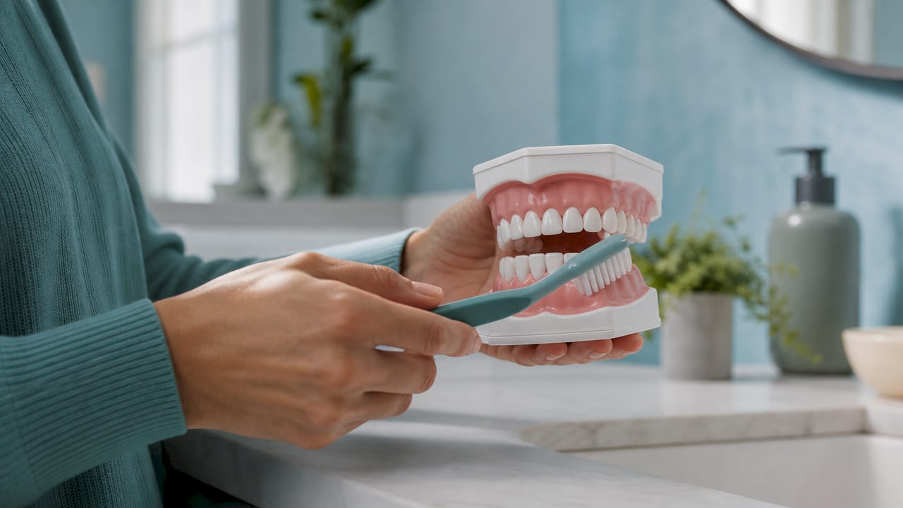 Close-up of hand demonstrating brushing at gumline