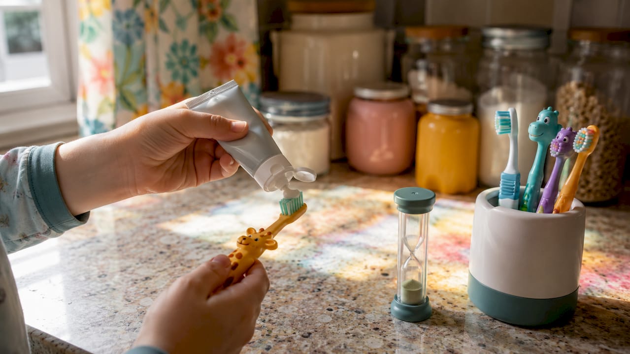 Child hands applying fluoride toothpaste on toothbrush
