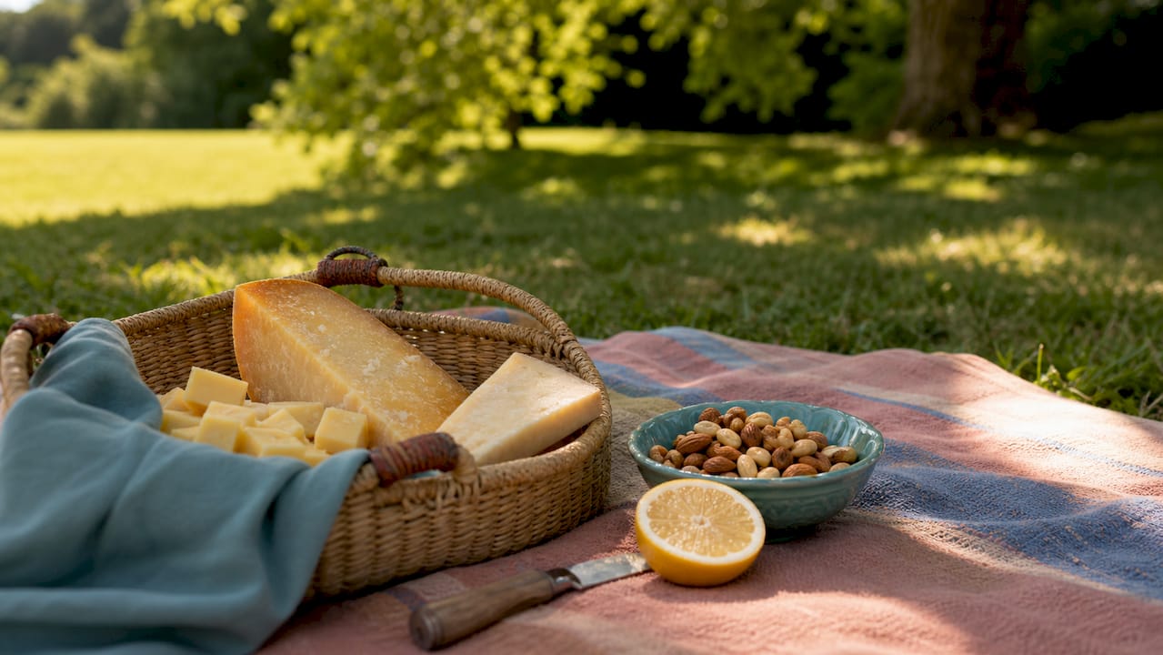 Close-up of aged hard cheeses on wooden board