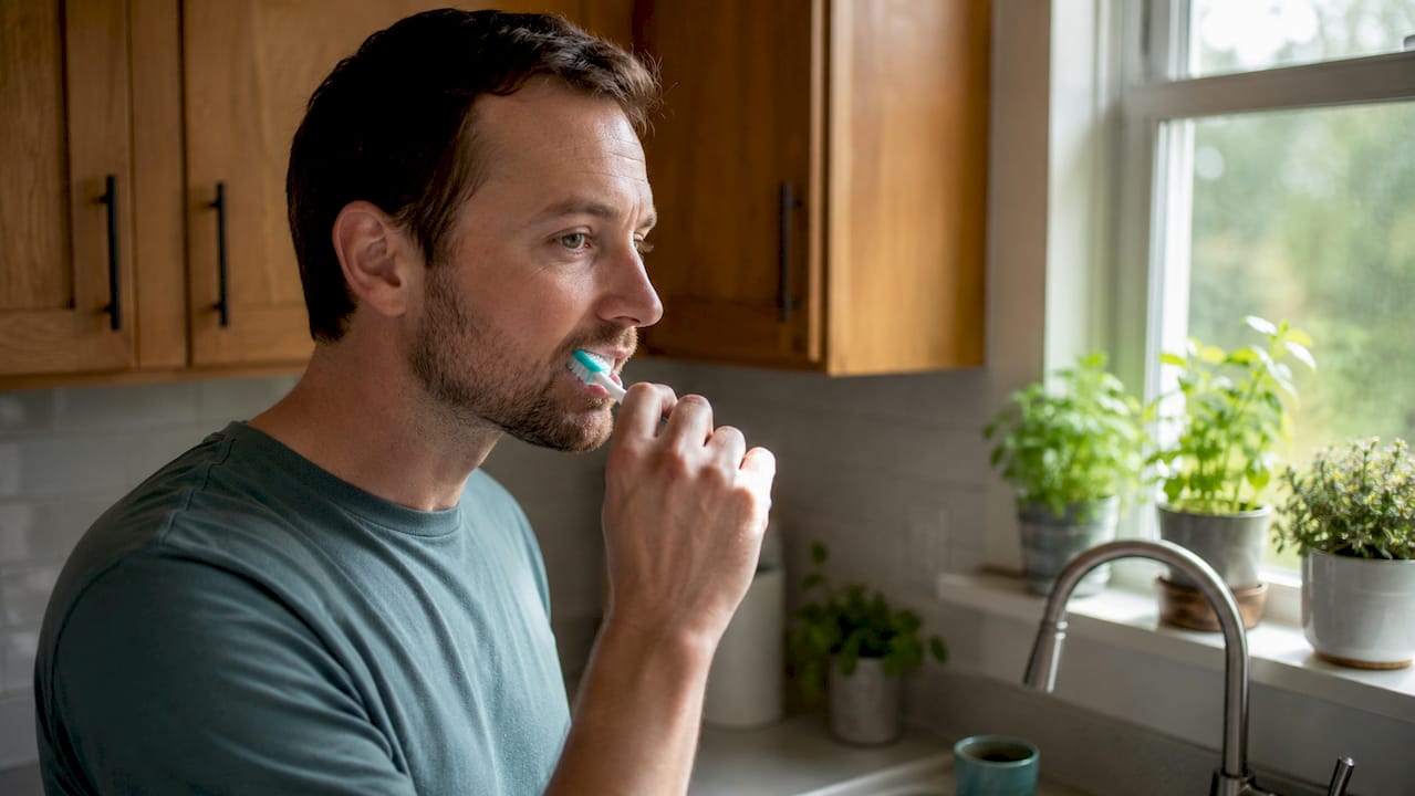 Man demonstrating teeth brushing technique close-up