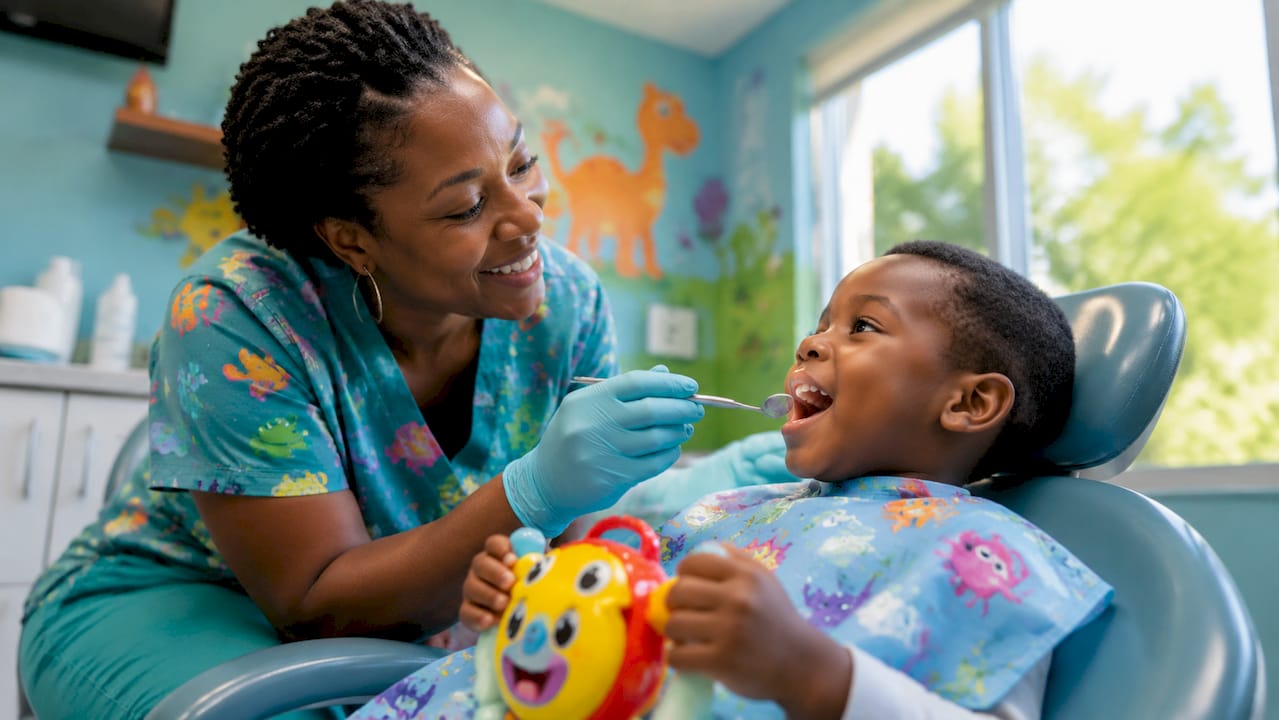 Pediatric dentist examining little boy's teeth