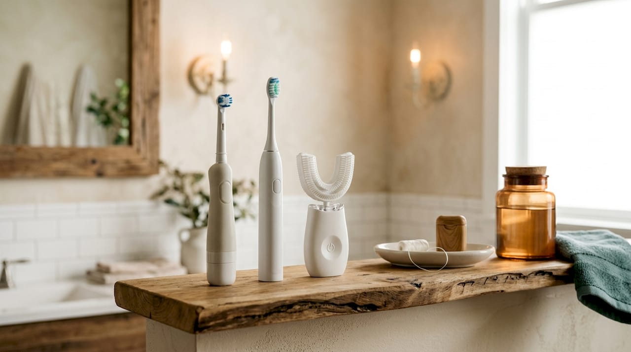 Three types of automatic toothbrushes on table