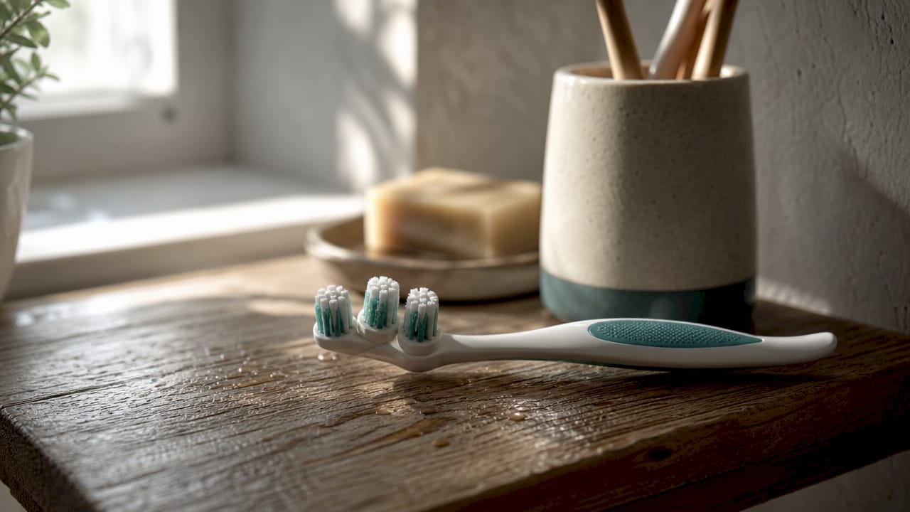 Manual triple-headed toothbrush close-up on countertop