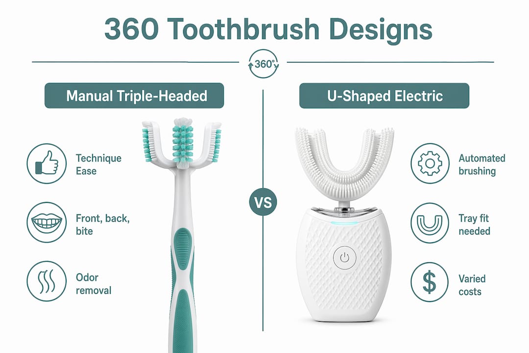 Infographic comparing manual triple-headed and U-shaped electric toothbrush designs