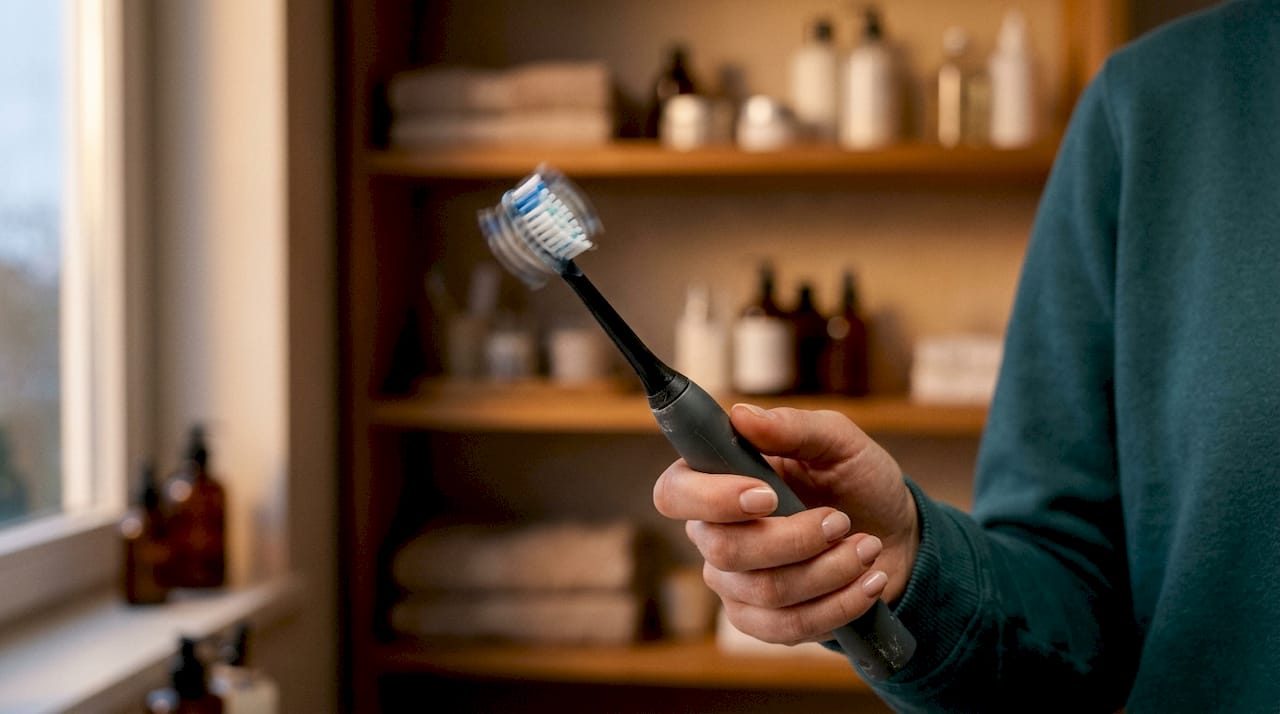 Close-up vibrating toothbrush bristles in clinic