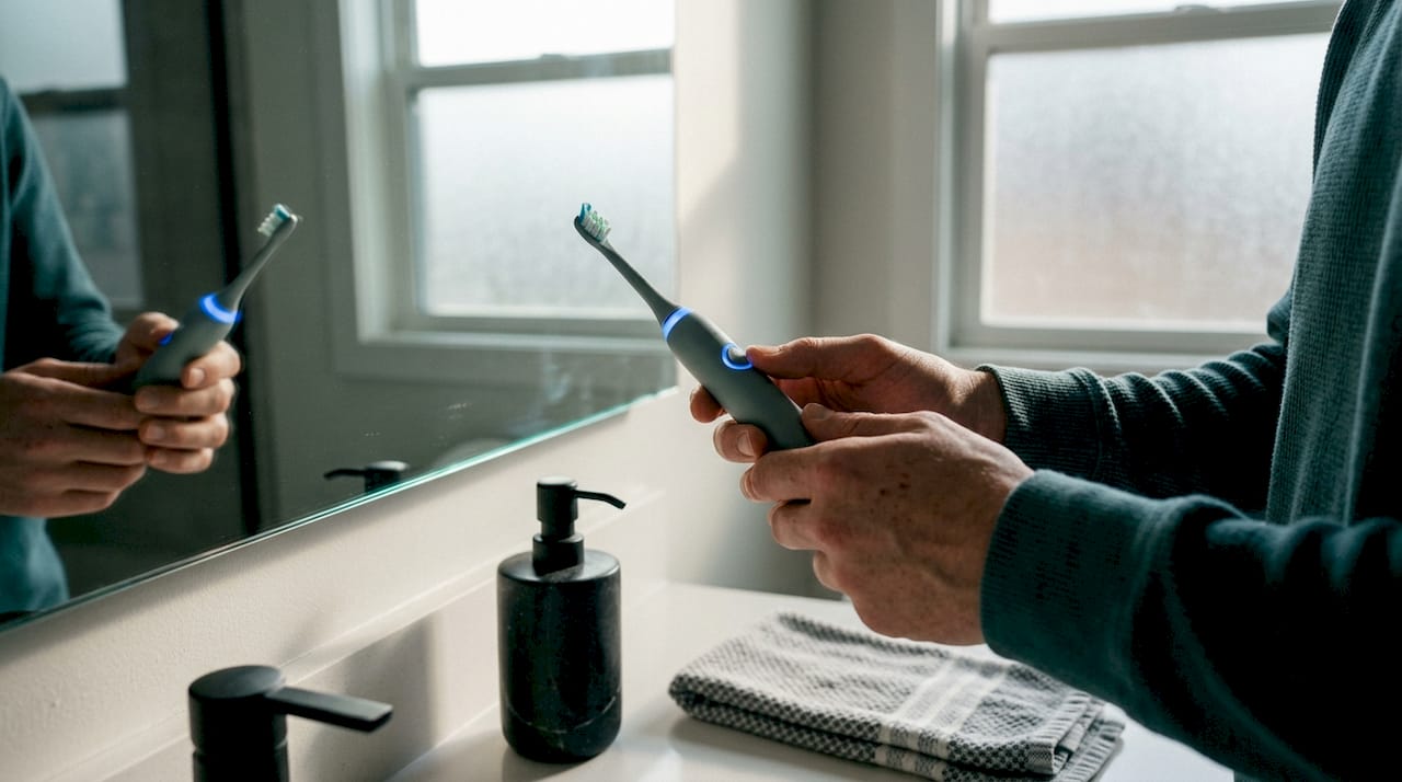 Close-up of smart electric toothbrush with sensors
