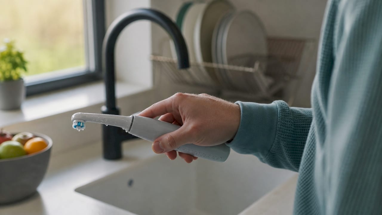 Close-up of electric toothbrush near teeth in bathroom sink