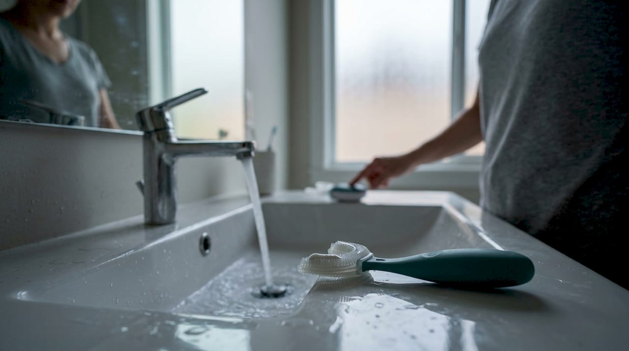 Close-up of hands with mouthpiece toothbrush toothpaste application