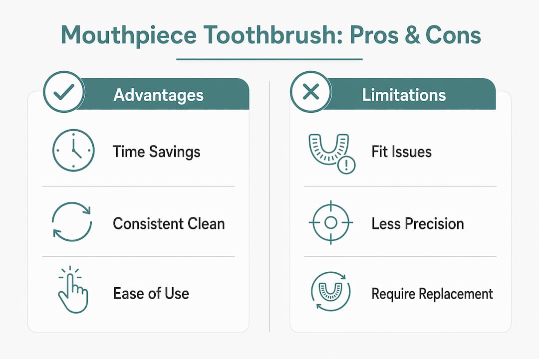 Infographic comparing advantages and limitations of mouthpiece toothbrushes