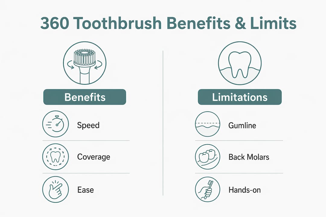 Infographic comparing benefits and limitations of 360 toothbrushes