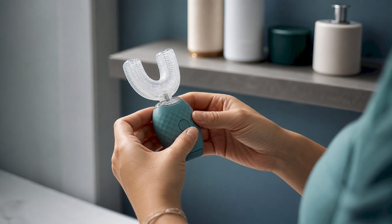 Close-up of U-shaped electric toothbrush device