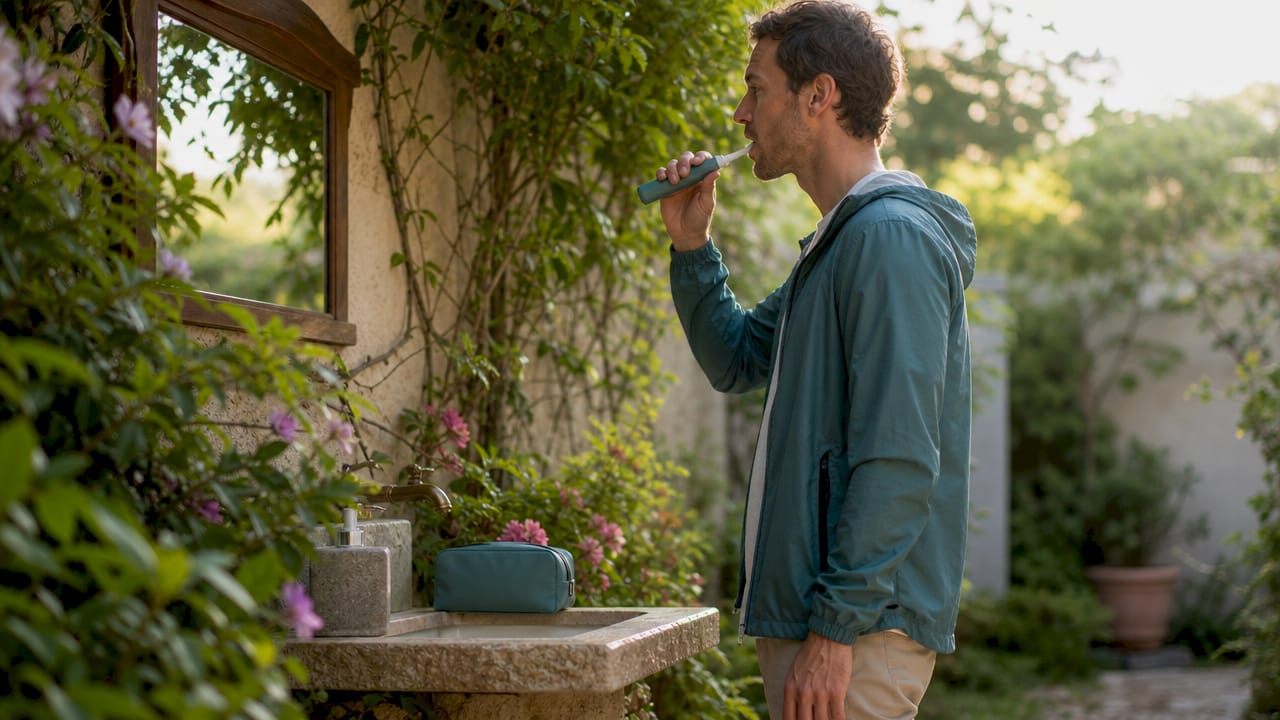 Traveler brushing teeth with electric toothbrush in hotel bathroom