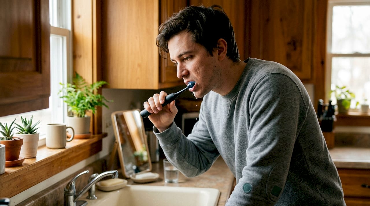 Man using BURST Pro 2.0 toothbrush in bathroom