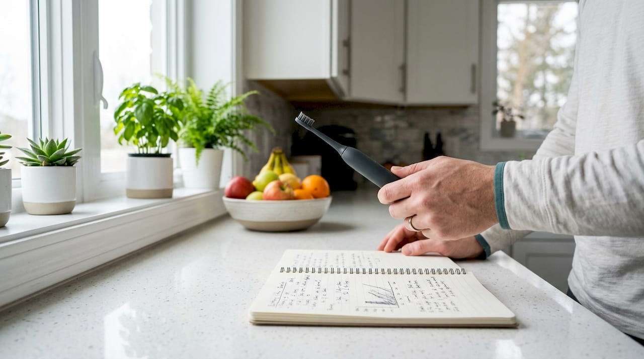 Hands holding sonic toothbrush beside notebook with battery notes