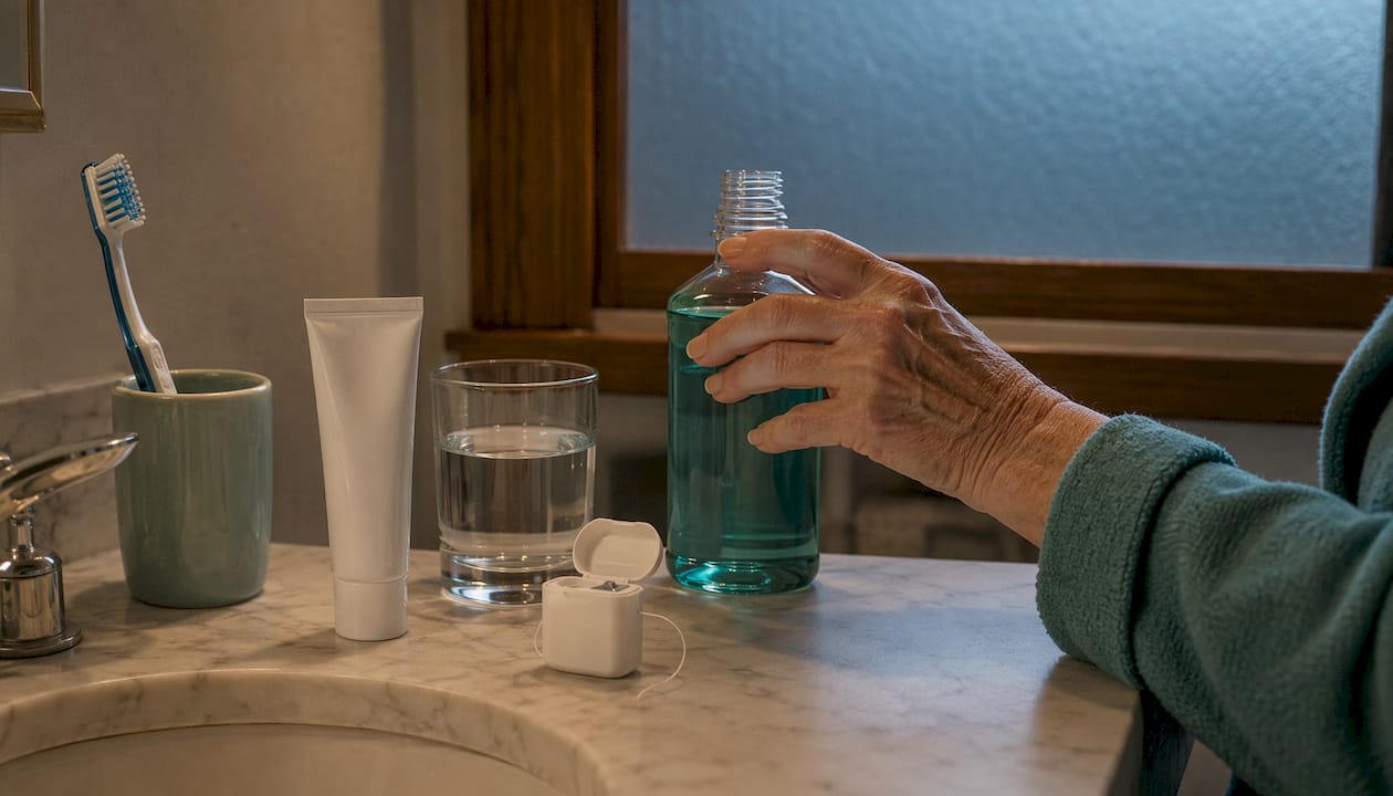 Daily oral hygiene tools on kitchen table