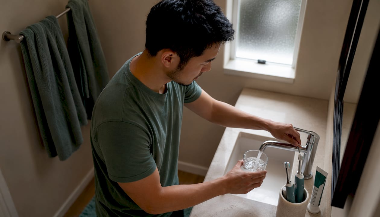 Young man preparing oral care routine in kitchen
