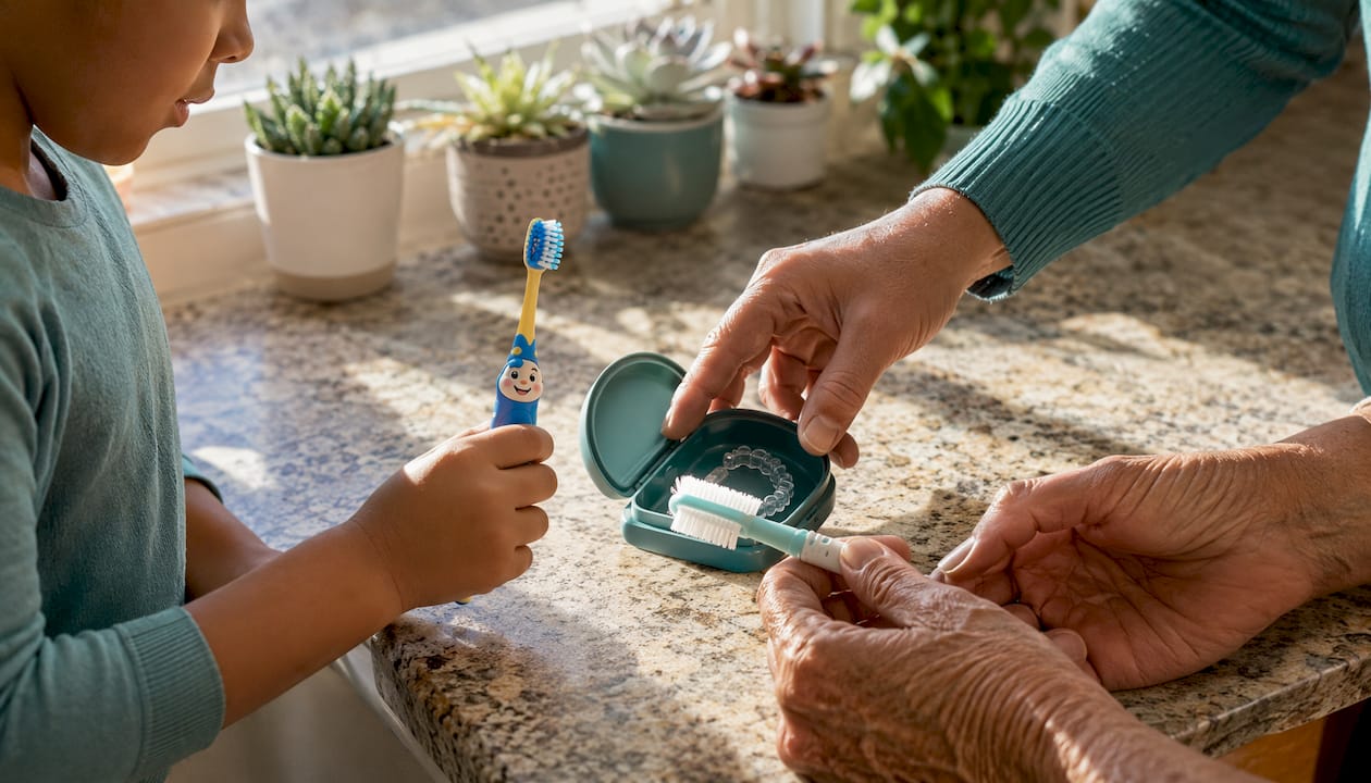 Hands showing diverse oral care tools for different ages