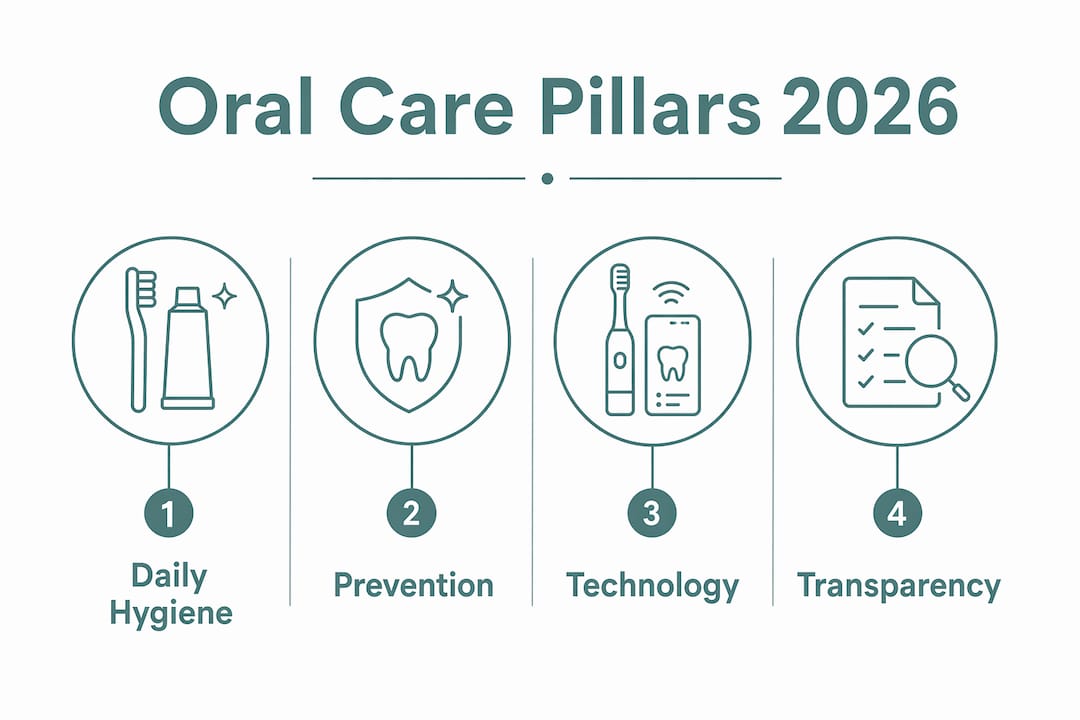 Infographic showing four main oral care pillars for 2026