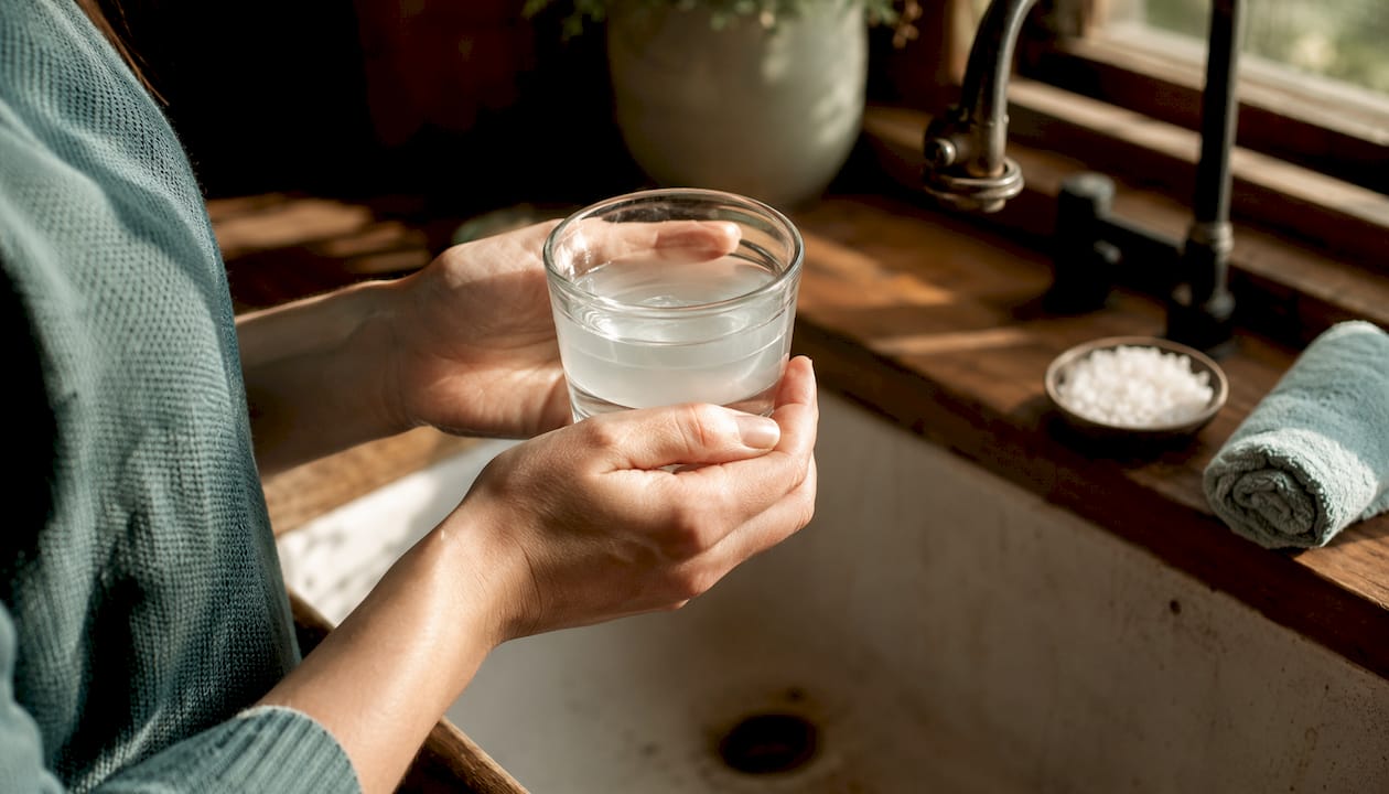 Hands holding saltwater rinse over bathroom sink