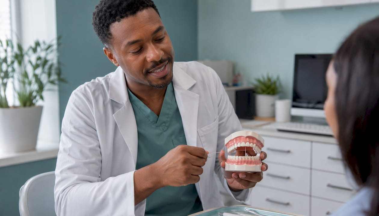 Dentist demonstrating flossing on model