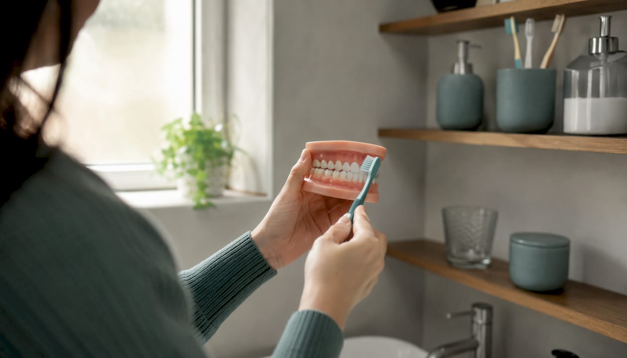Close-up toothbrush angled at gums