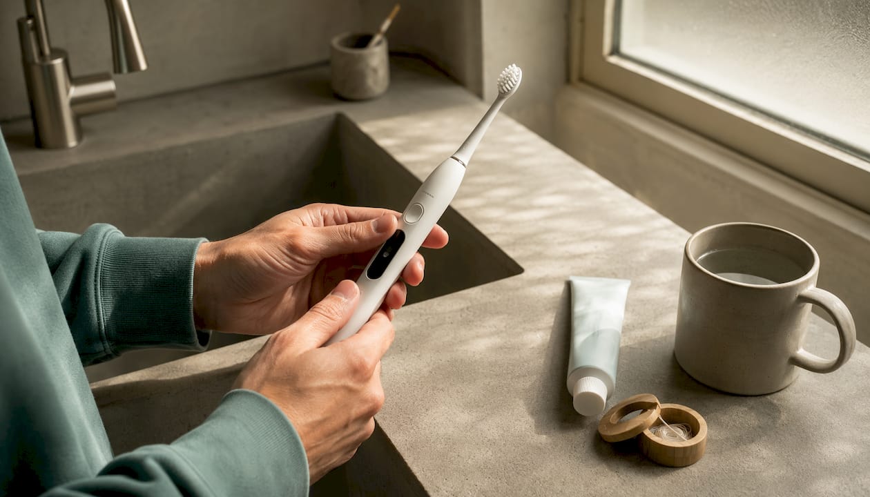 Hands holding sonic toothbrush over bathroom sink
