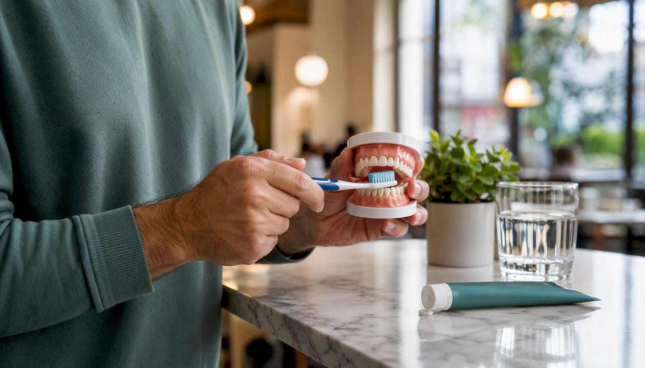 Hands demonstrating toothbrushing technique