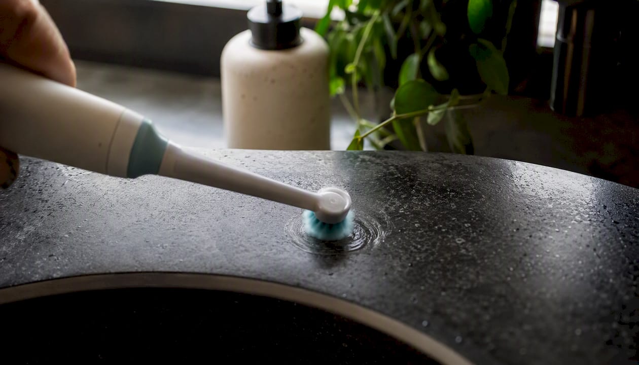Close-up of electric toothbrush bristles vibrating