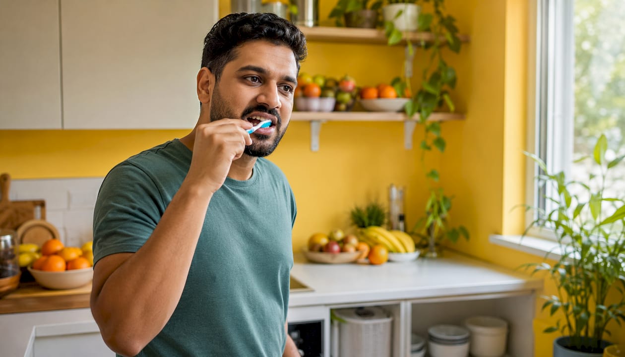 Hand demonstrating proper toothbrush angle