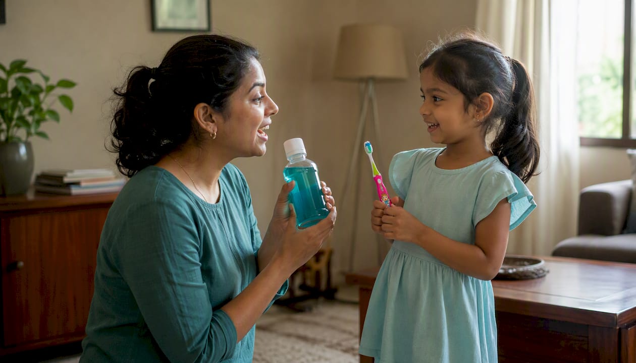 Mother and child choosing mouthwash together