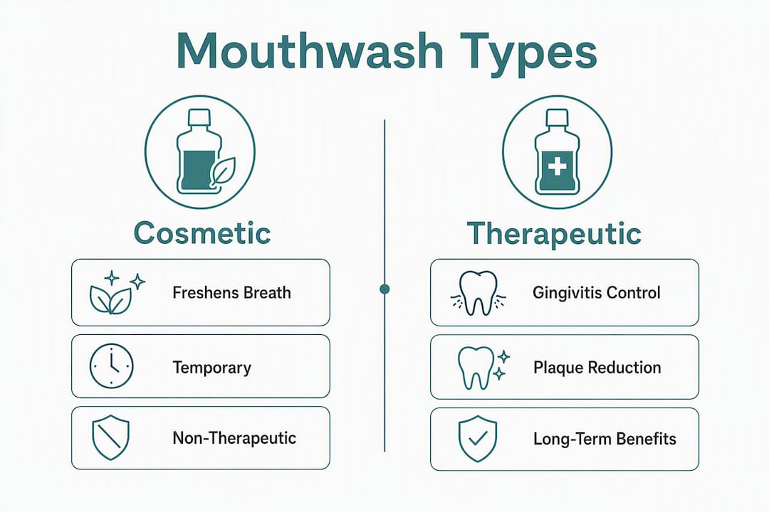 Infographic comparing cosmetic and therapeutic mouthwash types
