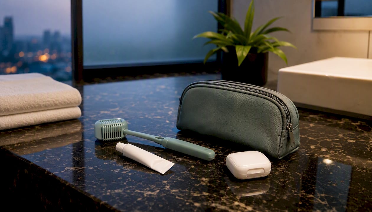 Compact travel oral-care kit contents arranged