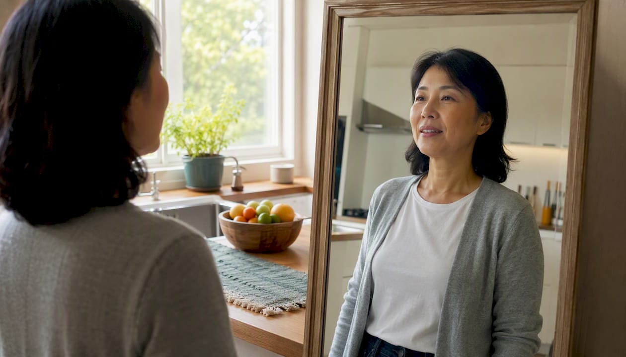 Woman practicing smile confidence in mirror at home