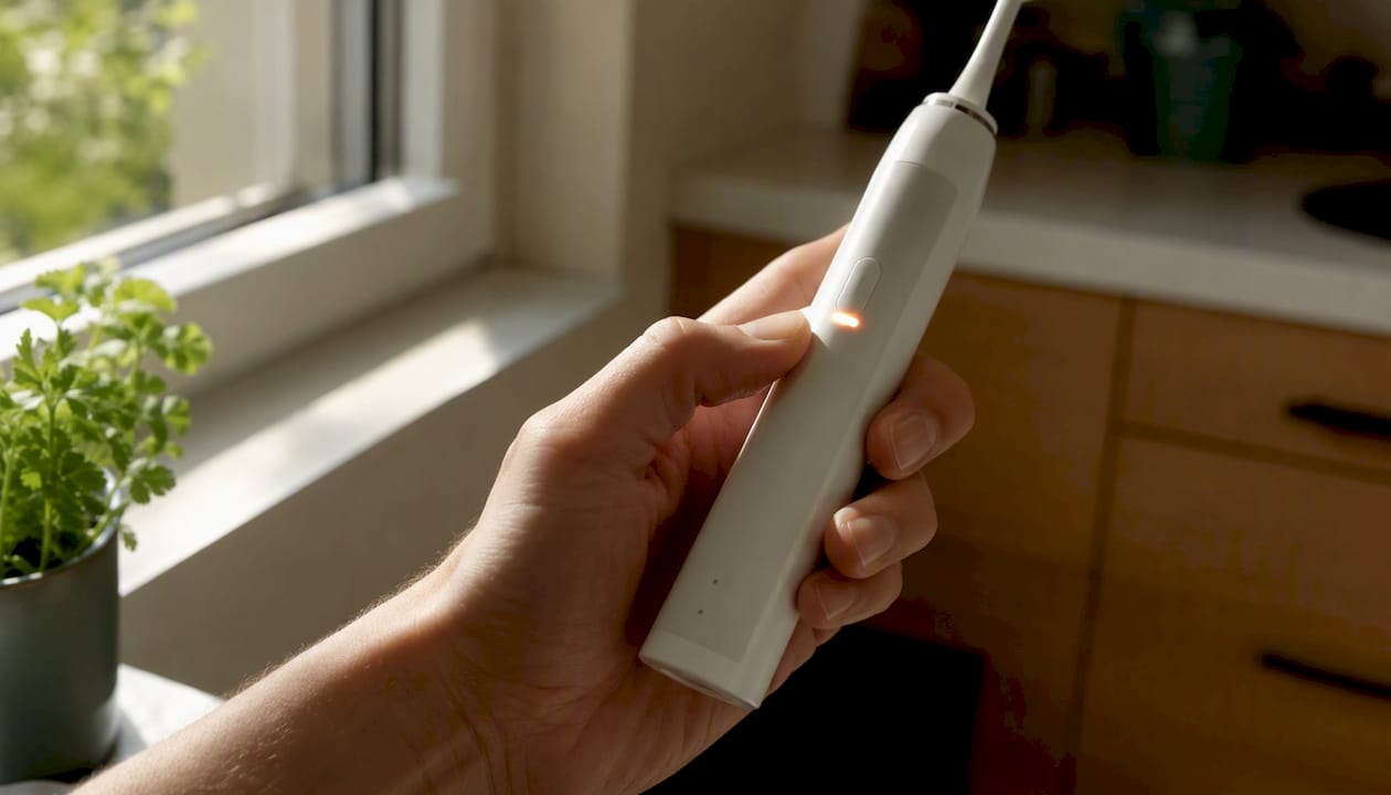 Hand holding toothbrush with light pressure sensor alert