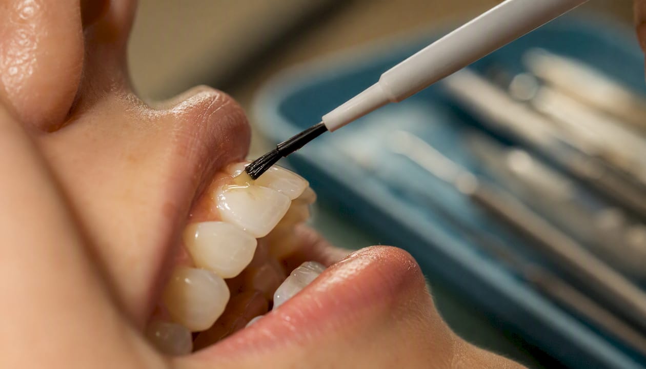 Applying fluoride varnish on tooth enamel