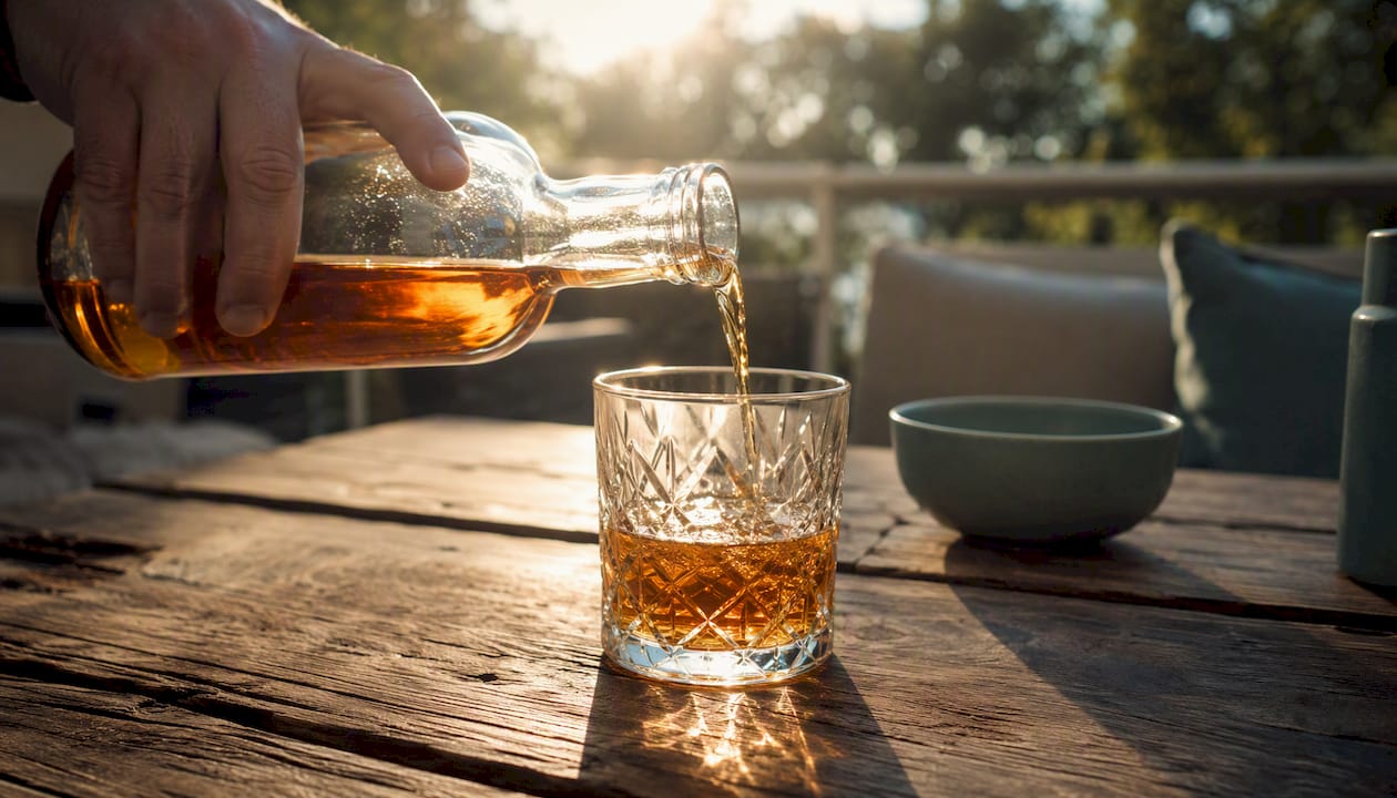 Close-up of pouring whiskey drink glass
